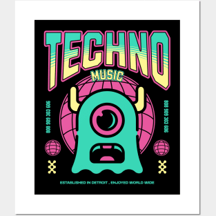 TECHNO  - One Eyed Alien (green/yellow/pink) Posters and Art